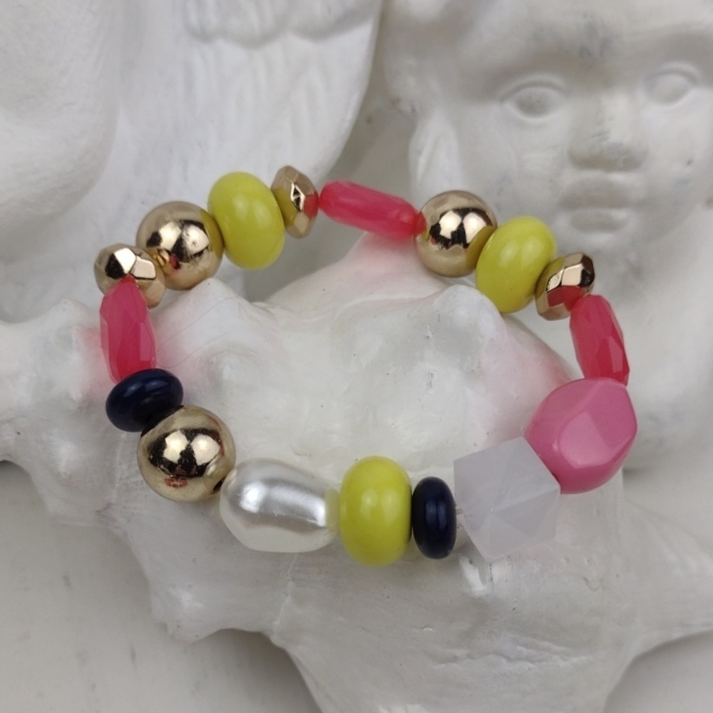🌻3 For $15 Color Pop Mixed Glass Bead Stretch Bracelet - Pink, Yellow & Gold